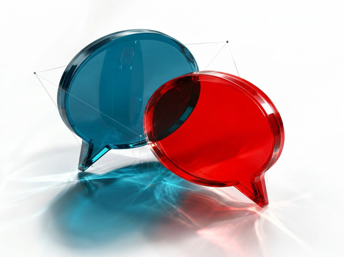Two overlapping glass speech bubbles, one peacock blue and one red, on a bright white surface