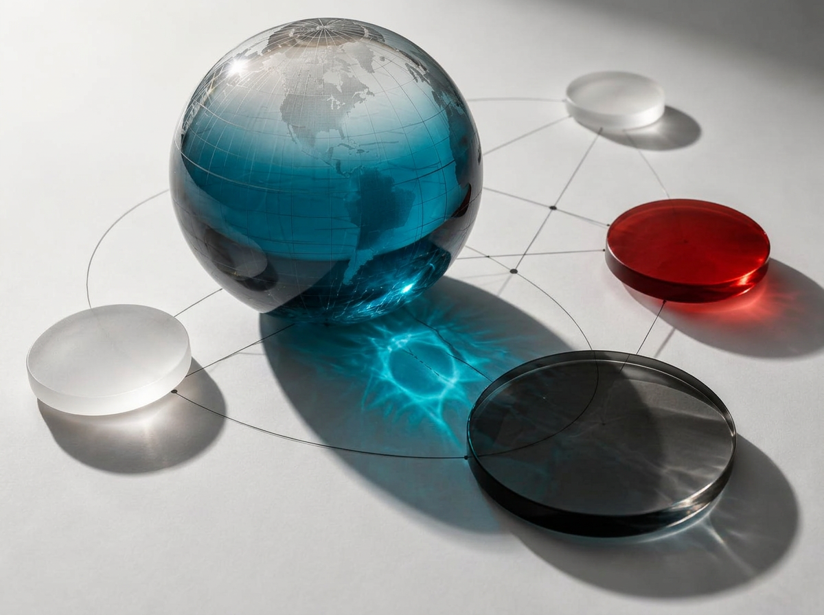 Etched glass globe surrounded by white, charcoal and red discs connected by fine lines