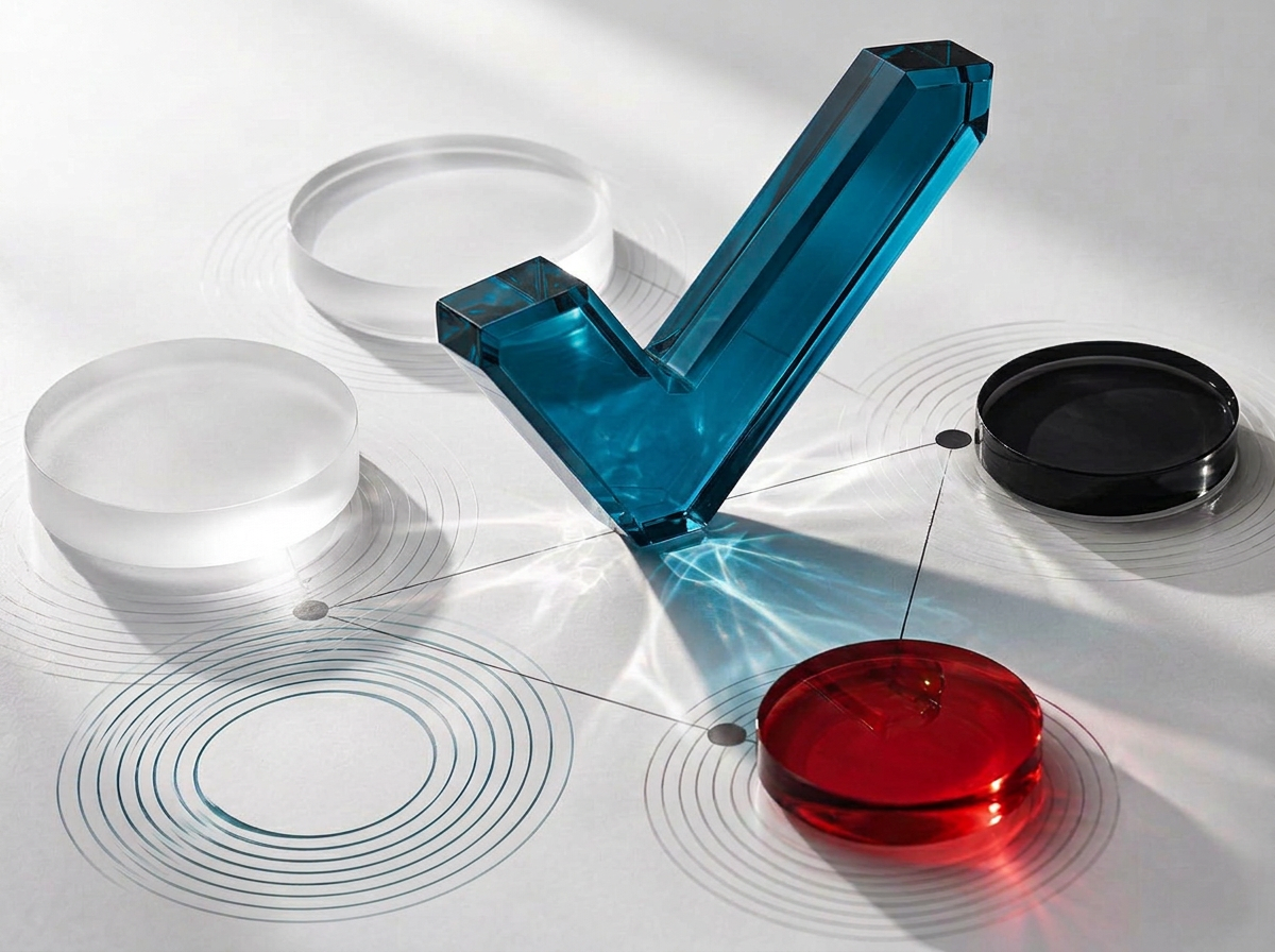 Translucent glass check mark beside white, charcoal and red discs on a bright white surface