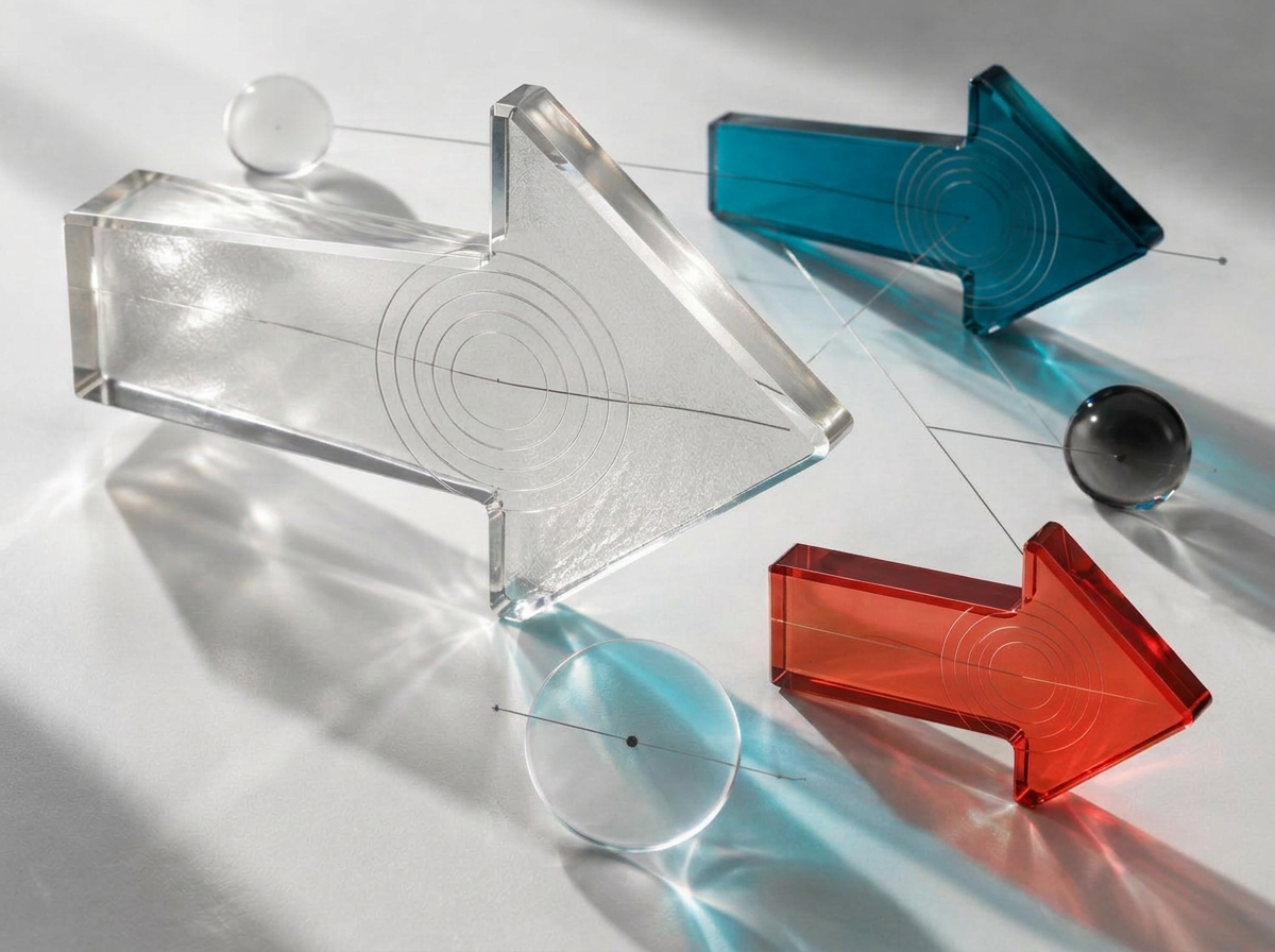 Translucent glass arrows in clear, charcoal and red, linked by fine lines on a bright white surface